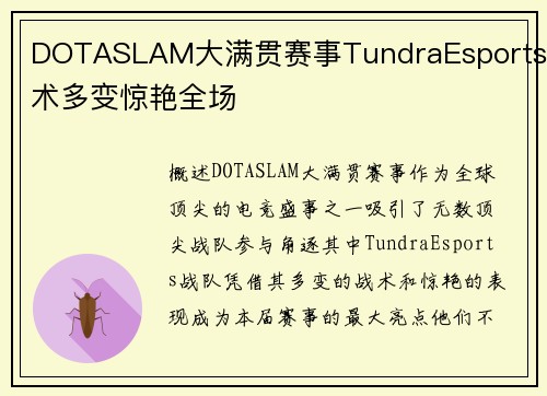 DOTASLAM大满贯赛事TundraEsports战术多变惊艳全场